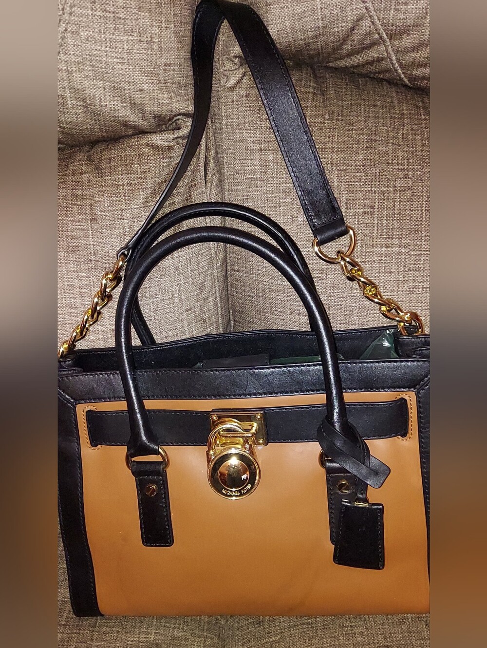Michael Kors Black and Tan Two-Tone Leather Satchel with Gold Hardware